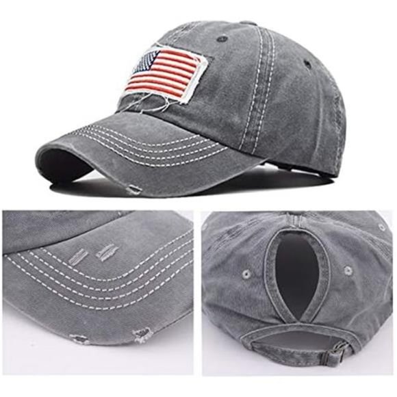 Distressed Ponytail Hat for Women American-Flag Pony Tail Caps High Bun - Picture 2 of 7